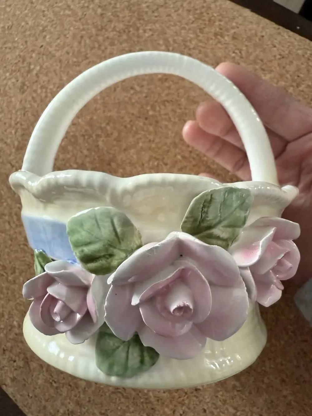 Andrea by Sadek Porcelain Decorative Basket Hand-Painted Floral Pink Green 5x5